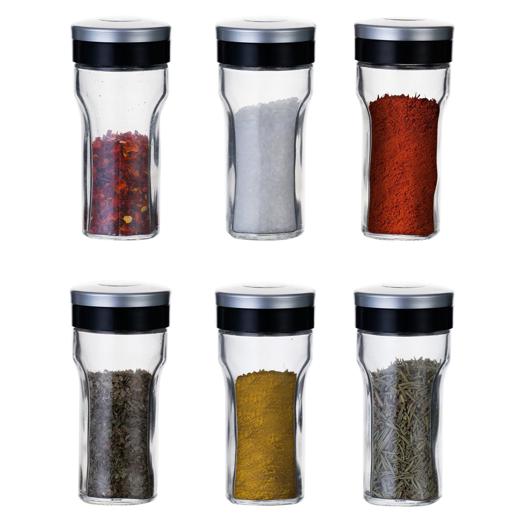 KitchenGet - Spice Jars Storage Set - 6 Glass Shaker Pots - Each Jar Bottle 80 ml.