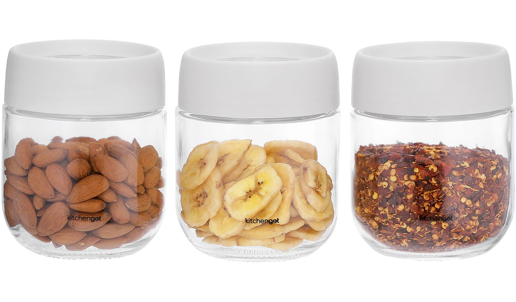 KitchenGet - Storage Glass Jars - 3 Pack Small Stackable Jars - Container for Snack Coffee Nuts, Each Jar 350 ml.