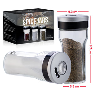 KitchenGet - Spice Jars Storage Set - 6 Glass Shaker Pots - Each Jar Bottle 80 ml.